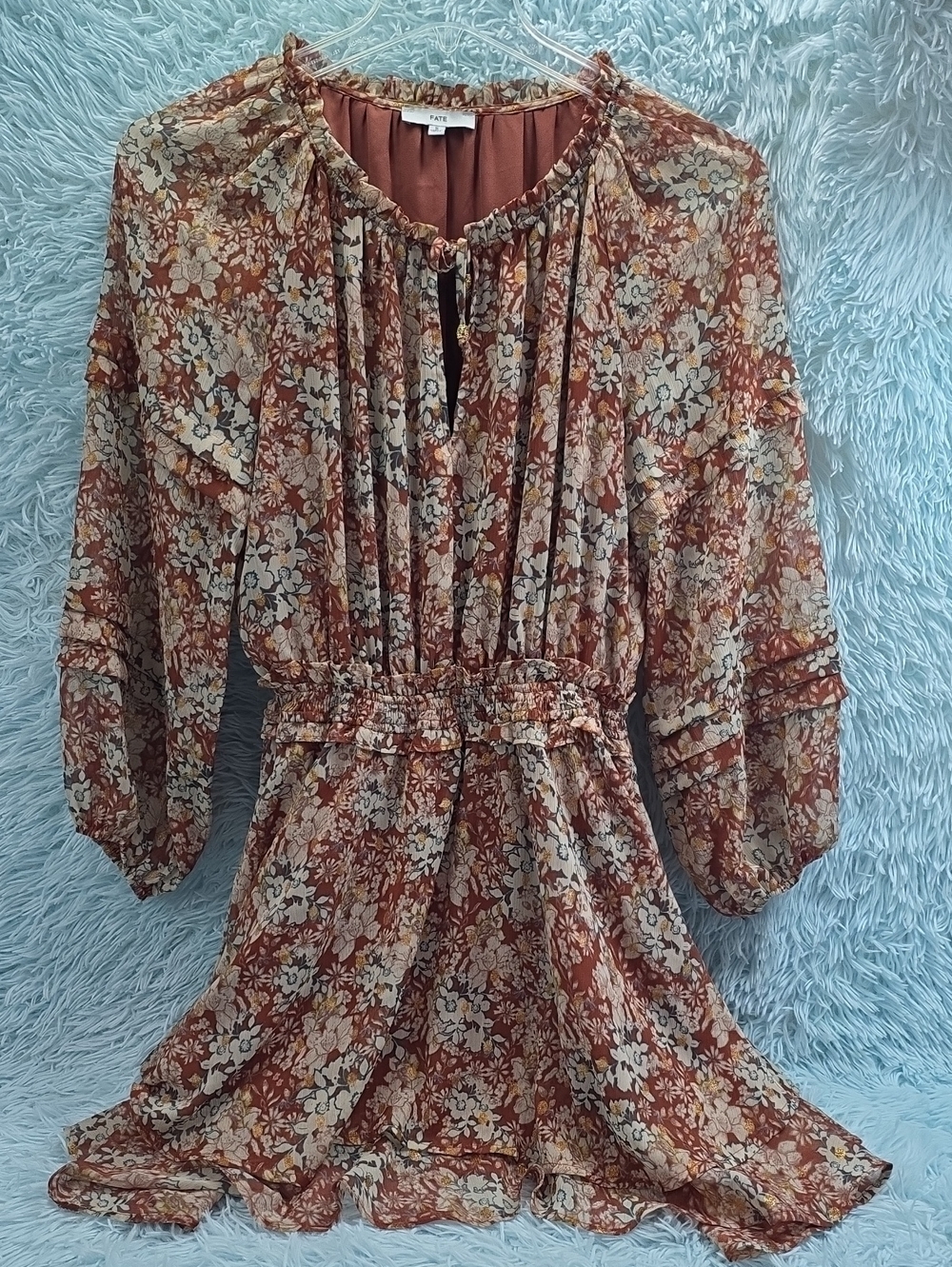 Fate Floral Boho Long Sleeve Mini Dress Rust Cream Small